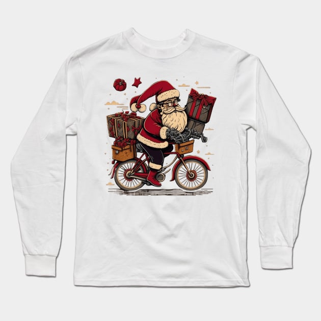 Santa Claus riding a bike with gifts Long Sleeve T-Shirt by MZeeDesigns